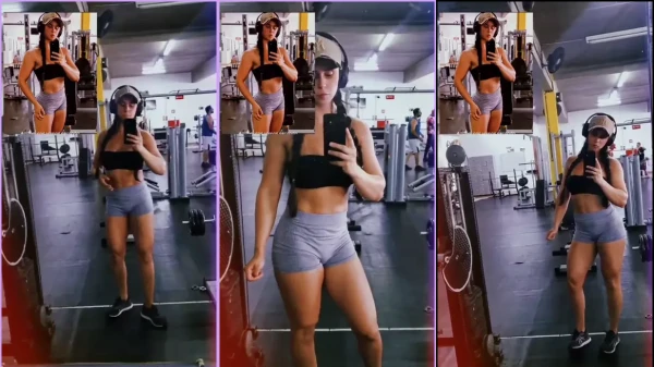 De shorts bem justinhos, a Jessica Minassian grava ela se exercitando