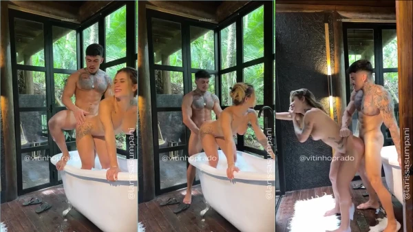 Larissa Sumpani se divertindo na banheira com o namorado Vitinho Prado